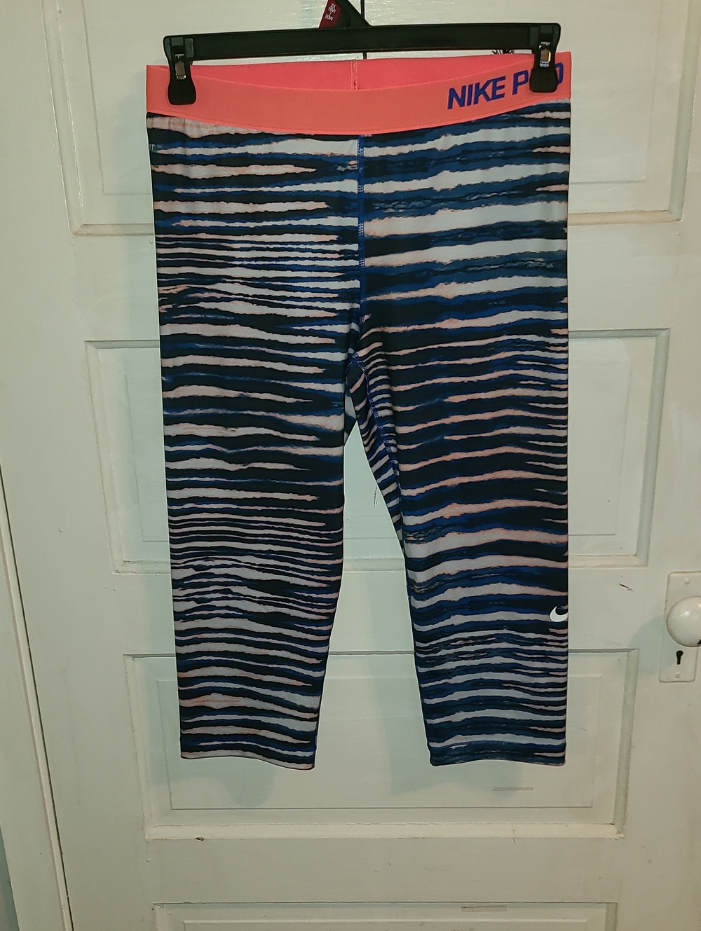 Nike Coral Waist Navy & Light Blue Striped Capri Leggings